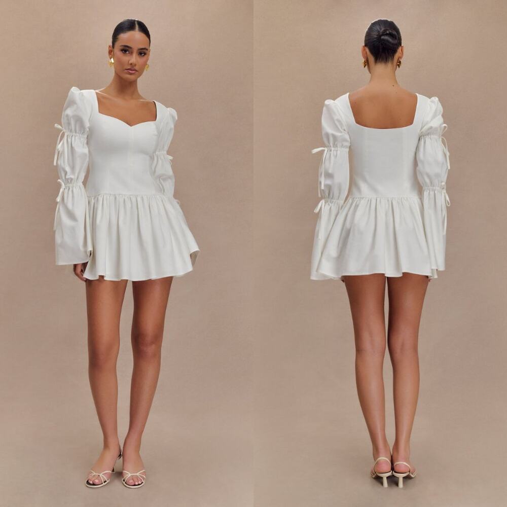 MESHKI Raine Long Sleeve Cotton Mini Dress White Large Puff Sleeve